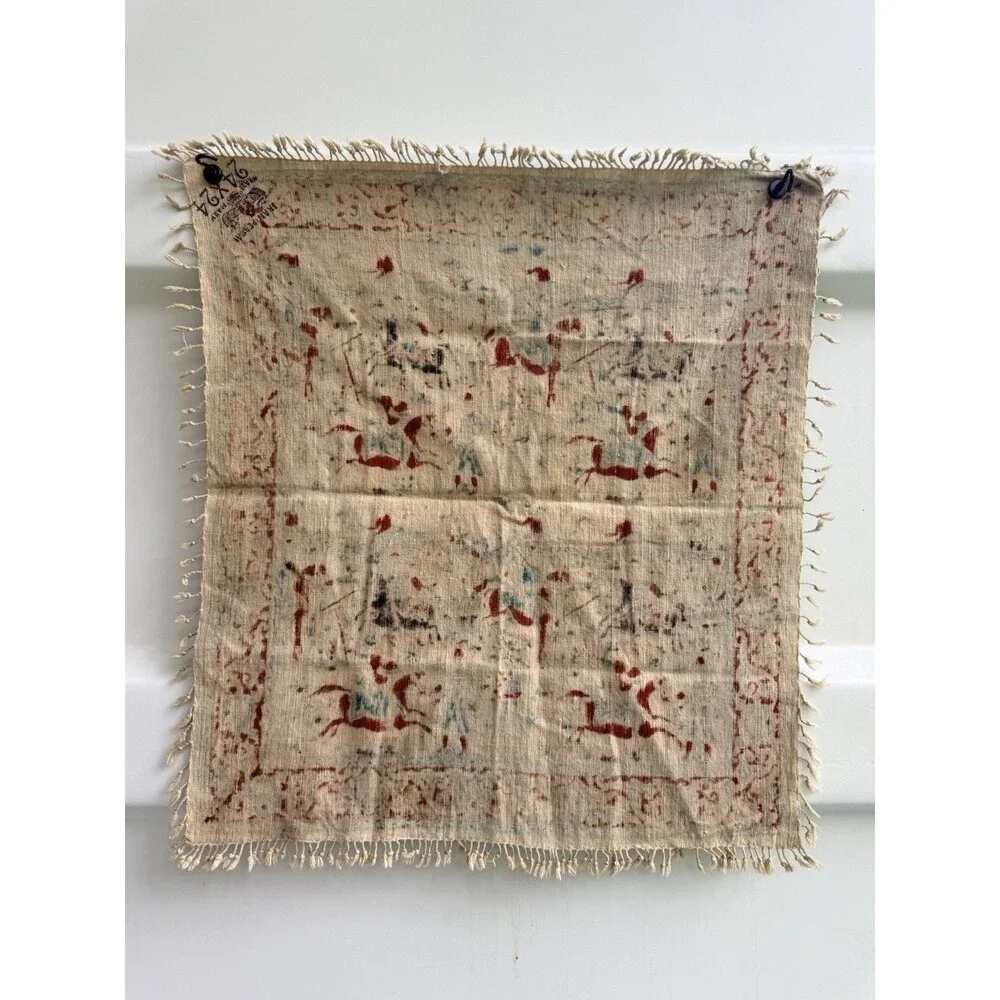 Antique Persian Fringed Cloth Tapestry Qajar Hunting & Polo Scene 24 X 24